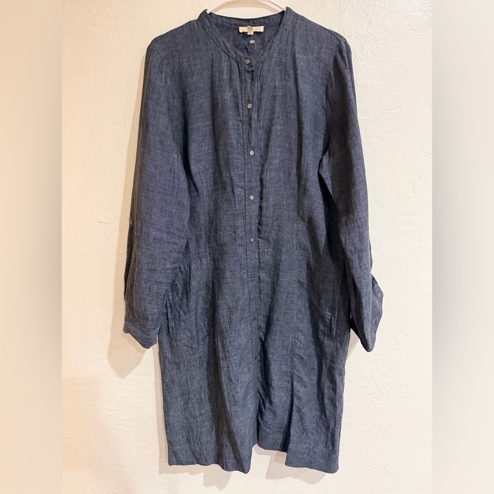 EILEEN FISHER Blue Linen Chambray Crossdye Shirtdress Roll Tab Sleeve Size M
